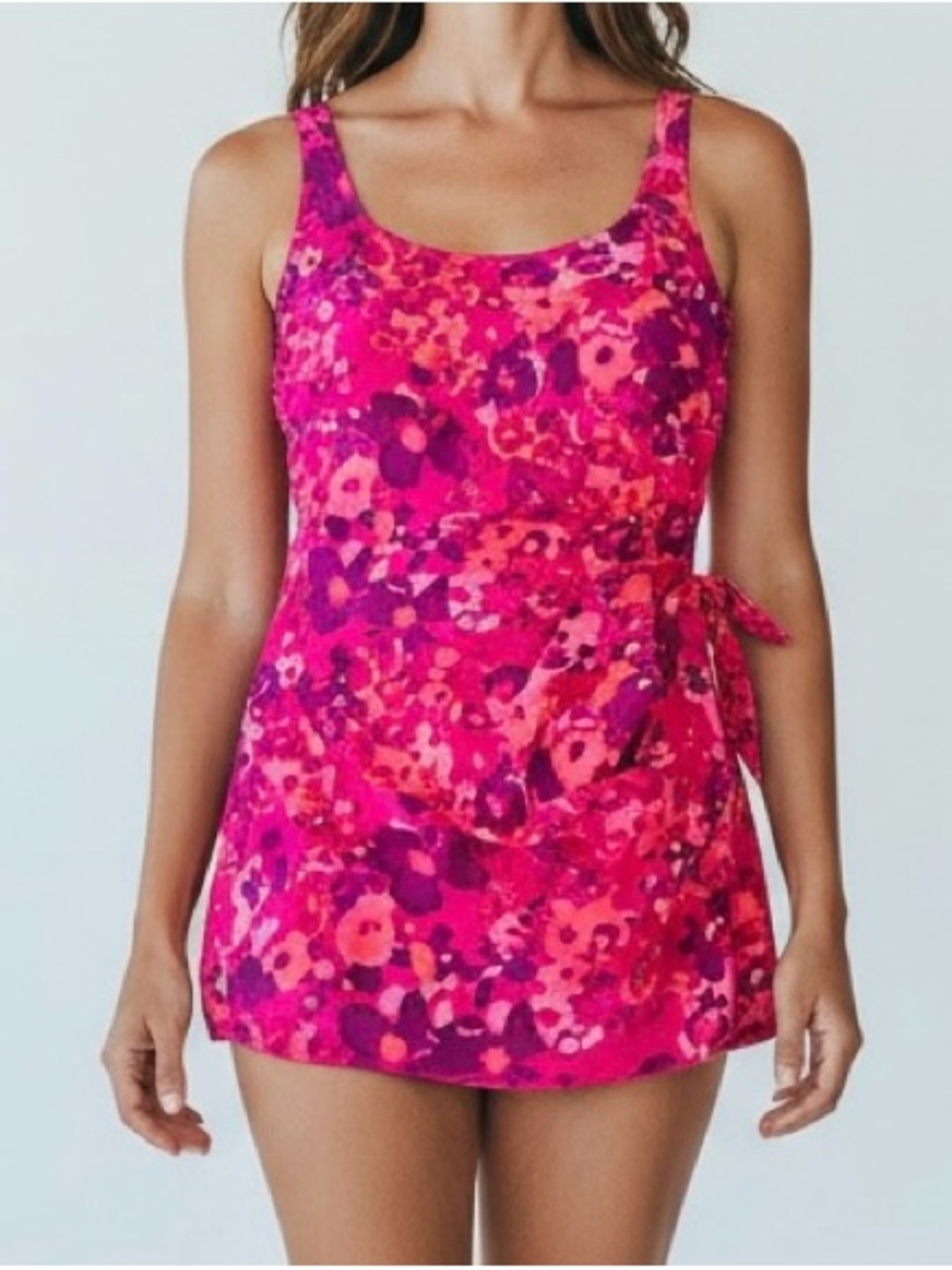 L.L. Bean Skirted One Piece Swimsuit Bow Tropical Floral Purple Pink size 12
